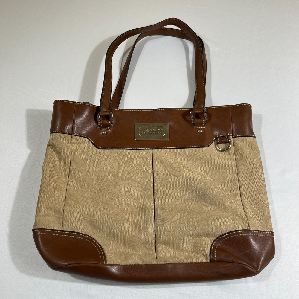 American Living Brown Leather Trim Canvas Tote Shoulder Bag Medium Structured